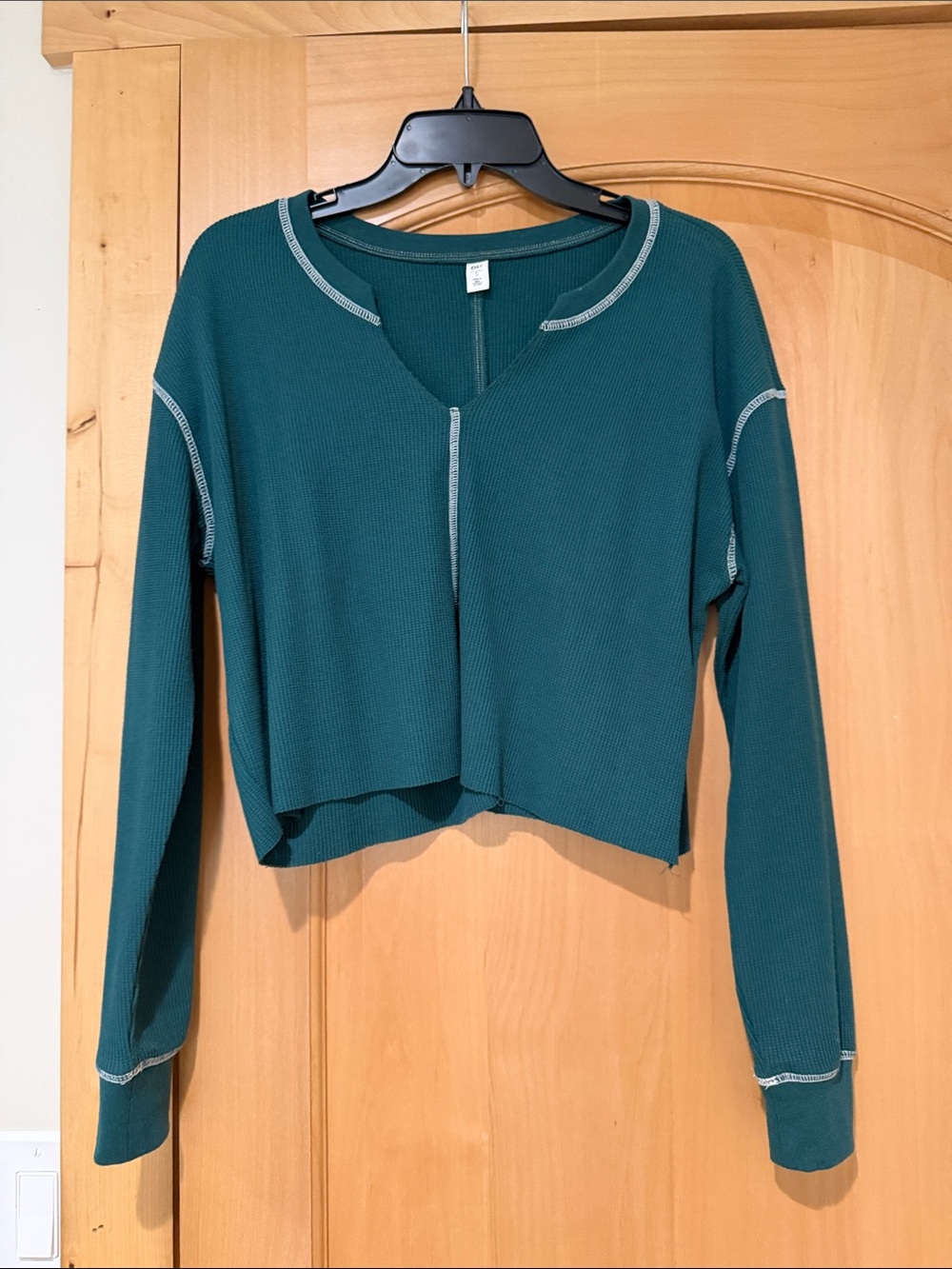 bp Teal Long Sleeve Cropped Waffle Knit Top with Contrast Stitching